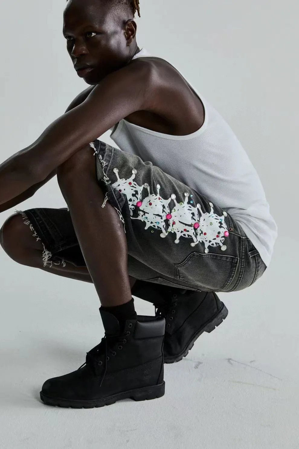 Sp*der Web Stone Denim Shorts