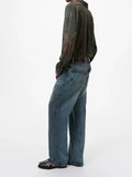 OL Style Vintage Wash Blue Wide Leg Jeans Third Cut Loose Straight Denim Pants