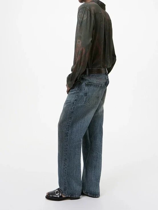OL Style Vintage Wash Blue Wide Leg Jeans Third Cut Loose Straight Denim Pants