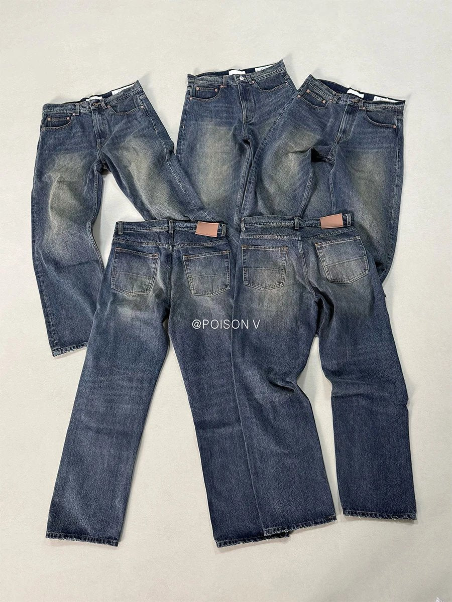 OL Style Vintage Wash Blue Wide Leg Jeans Third Cut Loose Straight Denim Pants