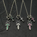 Vintage Thai Silver Inlaid Rhinestone Sword & Cross Double Pendant Necklace