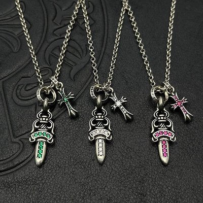 Vintage Thai Silver Inlaid Rhinestone Sword & Cross Double Pendant Necklace