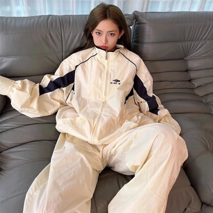 Ins Viral Letter Embroidered Color Block Tracksuit, Patchwork Windbreaker Ja