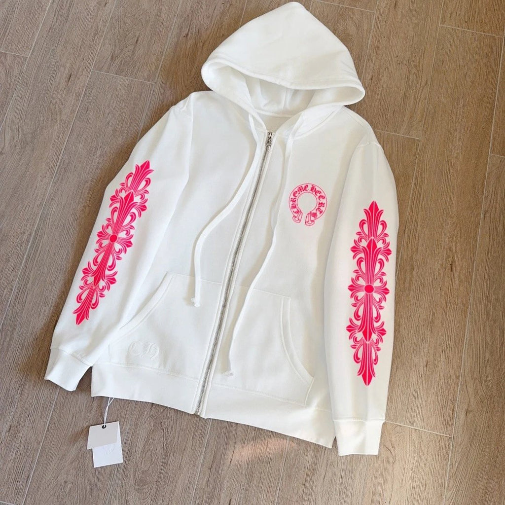 Unisex Hoodie with Cross Vine Print & Horseshoe Zipper on the Back