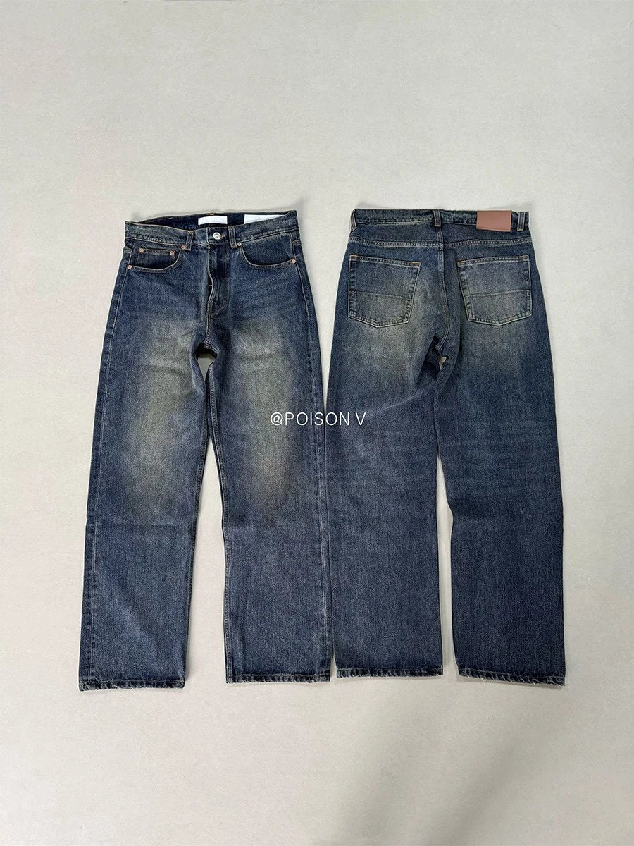 OL Style Vintage Wash Blue Wide Leg Jeans Third Cut Loose Straight Denim Pants