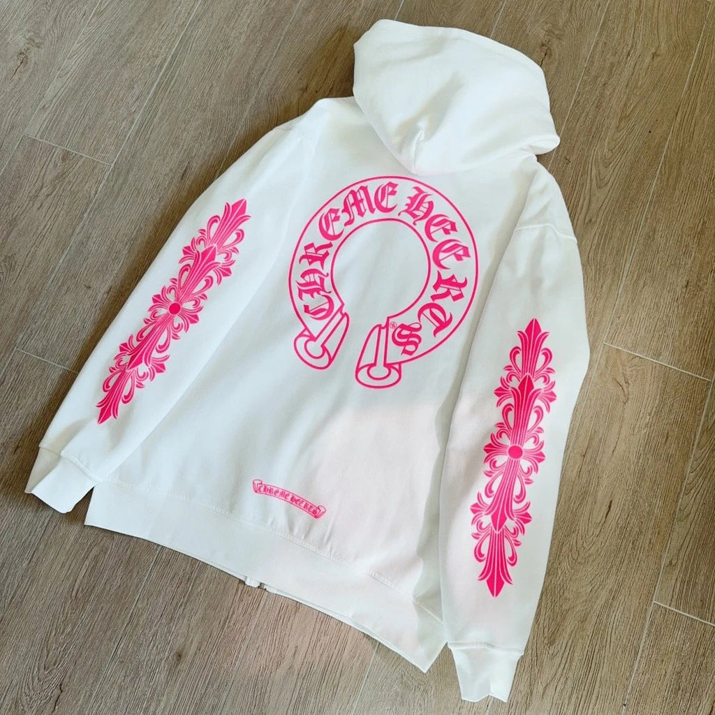 Unisex Hoodie with Cross Vine Print & Horseshoe Zipper on the Back