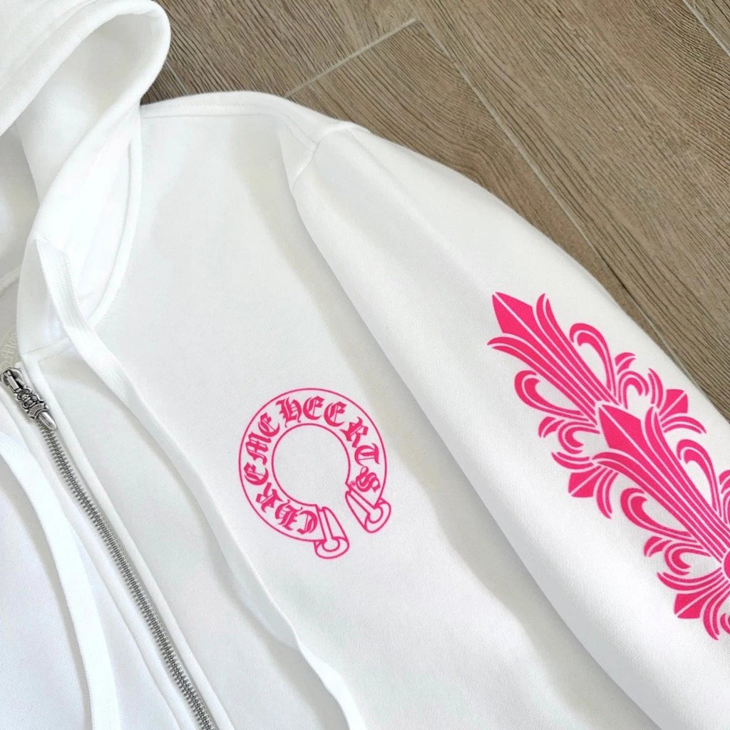 Unisex Hoodie with Cross Vine Print & Horseshoe Zipper on the Back